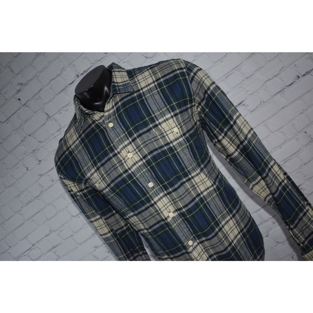 J Crew Flannel Dress Shirt Button Up Mens Size XL Slim Green Blue Plaid Cotton - Picture 1 of 7